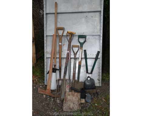 A quantity of garden forks, spades, shovels, tools, etc.