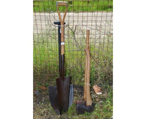 A quantity of vintage tools including felling axe, sledge, holing and American spades.
