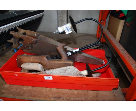A box of building tools, saws, light fittings, etc.