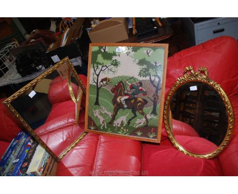 A Woolwork picture of a hunting scene and two mirrors.
