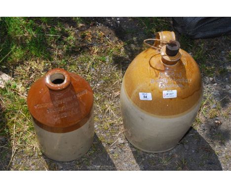 A large salt glazed Flask for Bomford Brandy Merchant, Evesham complete with stopper and a Doulton flask (Wilkinson Heywood &