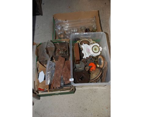 A quantity of clock parts, bobbin furniture knobs and a box of glass vases etc.