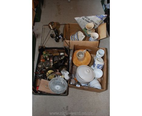 Three boxes of metal ornaments, ceiling light, decorative vases, casserole dish, etc.
