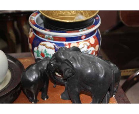 LOT OF COLLECTABLES
including modern chinese ginger gar, circular inlaid stone plaque, 3 elephant figures, etc  