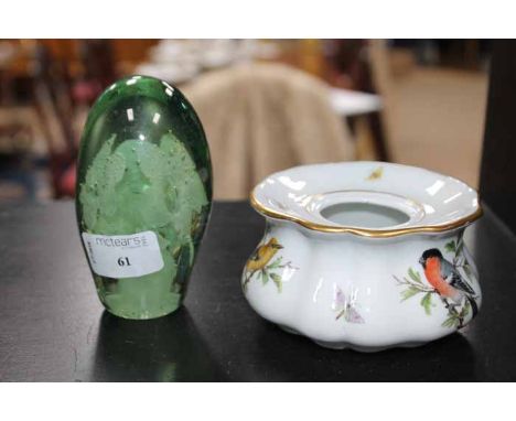 MEISSEN INKWEL AND A STOURBRIDGE PAPERWEIGHT
including a small inlaid mantel clock and a fire companion set