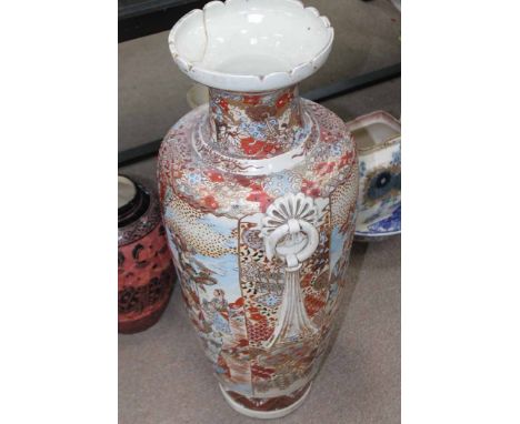 LARGE JAPANESE SATSUMA VASE
with bright red, gold and pale blue decoration and warrior figures, restoration to neck, 78cm hig