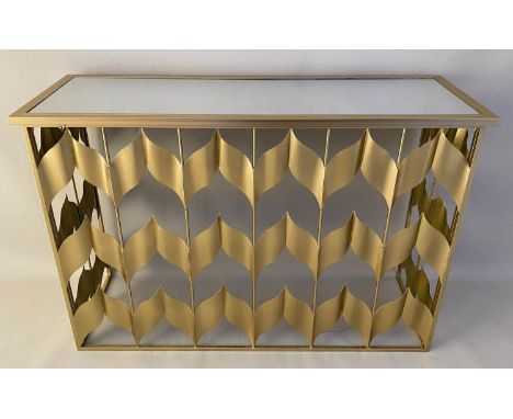 CONSOLE TABLE,  82cm x 120cm x 40cm, gilt metal chevron design. 