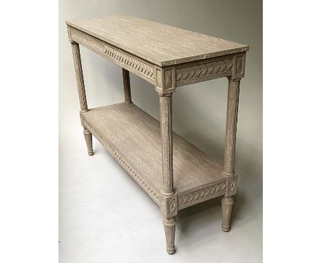 CONSOLE TABLE by OKA, rectangular lined grey oak with carved chevron frieze and undertier, 110cm W x 35cm D x 83cm H. 