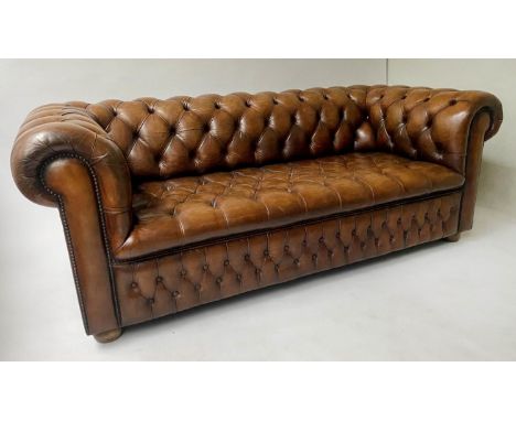 CHESTERFIELD SOFA, natural brown buttoned hide leather with deep rounded back and arms, 187cm W. 