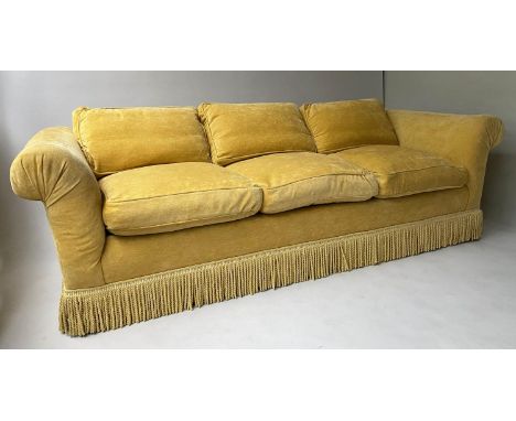 SOFA, country house primrose yellow velvet with feather seat and back cushions, 225cm W. 