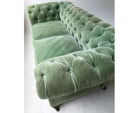 CHESTERFIELD SOFA, Victorian deep buttoned soft green plush velvet upholstered with rounded back and arms and turned feet, 19