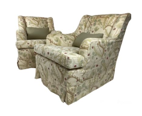 ARMCHAIRS, a pair, Howard style with dandelion and strawberry print linen loose covers, 85cm H x 76cm x 90cm. (2) 