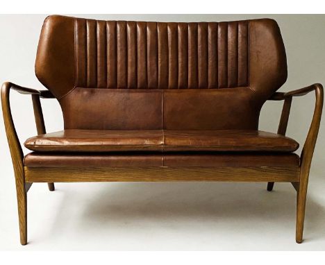 SOFA, 1970's Danish style, oak framed and ribbed natural leather, 115cm W. 