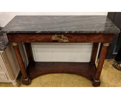 CONSOLE TABLE, 90cm H x 114cm x 44cm, Empire mahogany and brass mounted, circa 1810, with grey marble top and frieze drawer. 