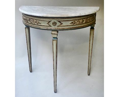 CONSOLE TABLE, 90cm W x 45cm D x 89cm H, Italian late 18th century style, grey painted, with raised gilt decoration, marble t