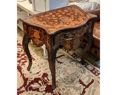 LOW BOY/SIDE TABLE, 74cm W x 46cm D x 74cm H, Dutch, of serpentine form, with profuse inlaid marquetry and carved detail to l