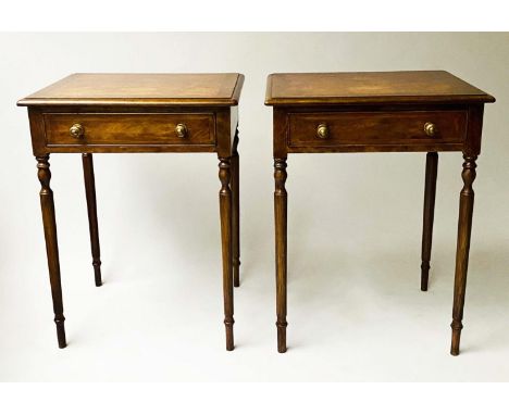 LAMP TABLES, a pair, George III design burr elm and crossbanded each with frieze drawer, 58cm x 47cm x 76cm. (2) 