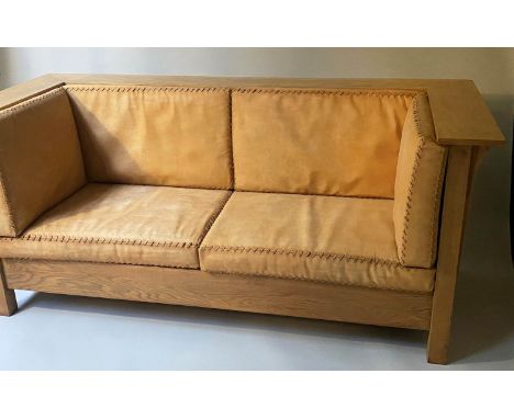 SOFA, 211cm W after a design by Gustav Stickley, Arts and Crafts, solid oak with lace trimmed washed leather cushions. 