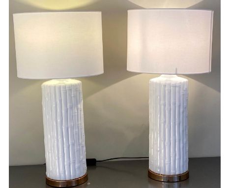 FAUX BAMBOO TABLE LAMPS, a pair, 72cm x 39cm, with shades, glazed ceramic, gilt bases. (2) 
