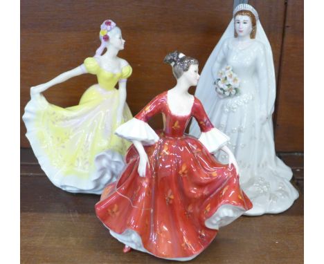 A Royal Worcester figure, Queen Elizabeth II, two Royal Doulton figures, Stephanie and Ninette, Stephanie and Ninette, both a