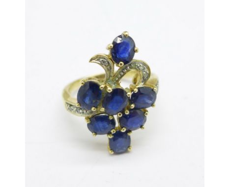 A 9ct gold, sapphire and diamond ring, 3.8g, K