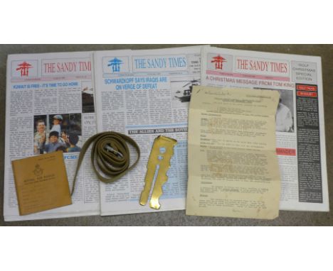 A 1991 The Sandy Times Kuwait Conflict magazines, (supported by The Sunday Times), a brass button polish, a canvas belt, RAF 