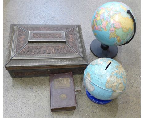 A Chad Valley globe money box, a Lloyds Bank Limited savings box, a globe and a Huntley & Palmers biscuit tin in the form of 