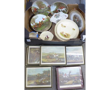 Hunting interest, six collectors plates, five prints, a Spode jug, glass decanter, bowl, table mats, etc.