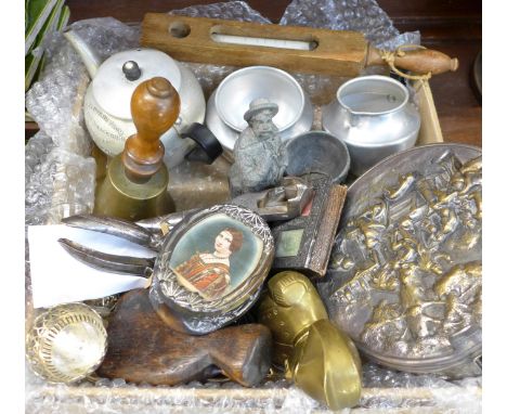 A collection of items, including vintage tools, a treen axe head, stamp box and metal trinket box, brass statue of Napoleon, 