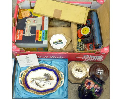 A table lighter and a plated preserve pot with bee top, a Mettype Junior toy typewriter, Coalport Christmas tray 1982, etc.