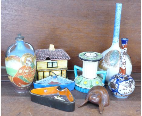 A Marumon Japanese candlestick, two bottle vases, etc.,(8)