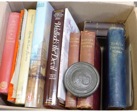Byron interest, Poetical Works, biographies, other books and a pewter tobacco box with portrait of Byron