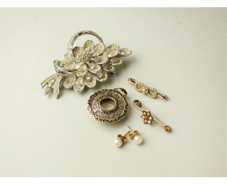 Two early 20th century seed pearl bar brooches, together with a 19th century gold and enamel pendant (at fault), a pair of cu