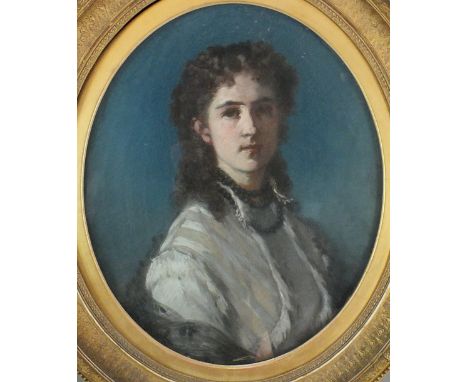 British school, late 19th century, Portrait of a young lady, half length wearing a white dress, pastel, oval 61cm high