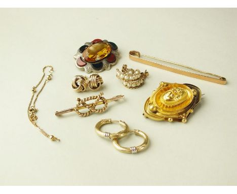 A Victorian yellow metal brooch, together with a pair of 9ct gold and cultured pearl hoop earrings, a pair of 9ct gold knot e