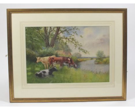 Arthur Wilkinson, Cattle beside a stream, signed, 35 x 50cm
