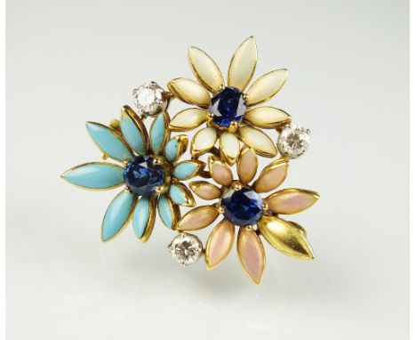 A diamond, sapphire and enamel floral cluster brooch, designed as three sapphire set flowers each with graduated enamel petal