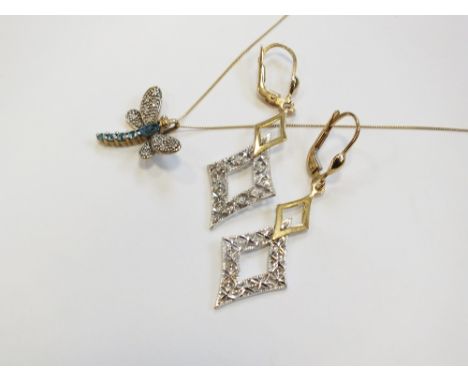 A diamond and blue paste dragon fly pendant suspended from yellow metal chain, both stamped '375', together with a pair of di