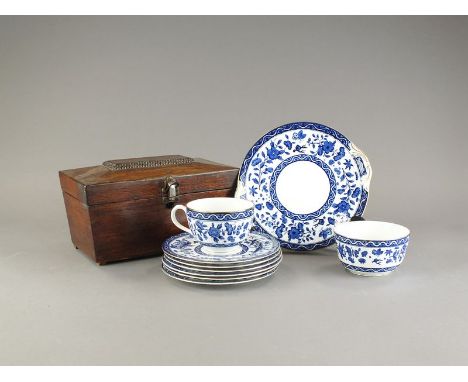 A Royal Doulton part tea service transfer painted in blue with bands of flowers, comprising teacups, coffee cups, side plates