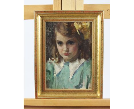 Kate Elizabeth Oliver (1881-1960), portrait of a young girl in a green dress, oil on canvas board, 24 x 17cm