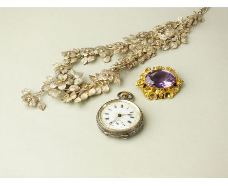 A late 19th century amethyst brooch, within yellow metal scroll mount, together with a silver open face fob watch and a colle