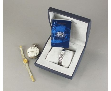 A Longines stainless steel wristwatch, the rectangular dial with Arabic numerals and batons and with diamond set bezel, toget