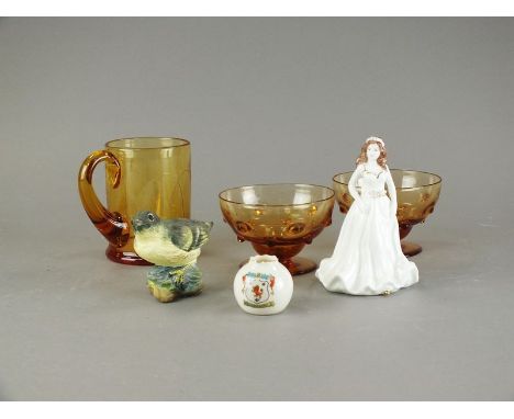 Three amber glass tankards engraved with fern leaves, four amber glass Webb dimple bowls on low stems, a Coalport figure of '