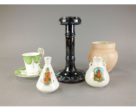 A selection of crested wares included W.H.Goss, some Shropshire-related examples, a Salopian Art pottery vase, 9.5cm high and