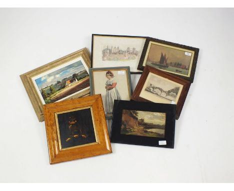 A collection of pictures to include a 19th century river view oil on canvas, 17 x 25cm, an early 20th century British school 