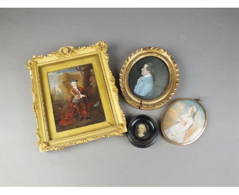 A collection of portrait miniatures; a English school, 19th century, three quarter length portrait of a lady in a white dress