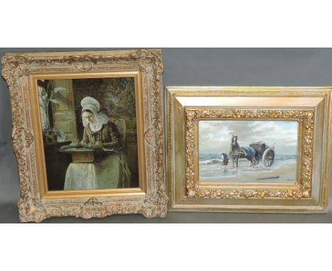 J. Ruigrok, Figure with Horse and Cart on a Beach, oil on canvas, signed lower right, 21cm x 31cm; together with interior sce