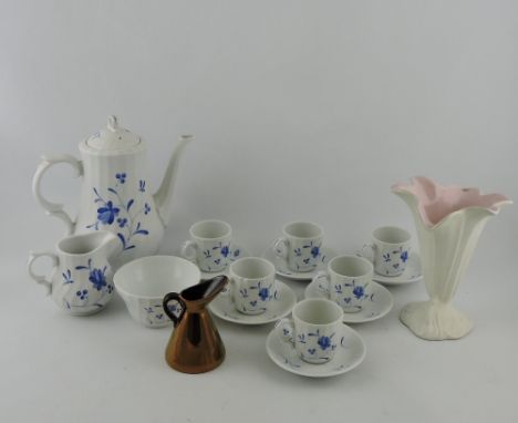 A Royal Worcester Blue Bow coffee service for six place settings, together with Beswick copper lustre jug and a cornucopia va