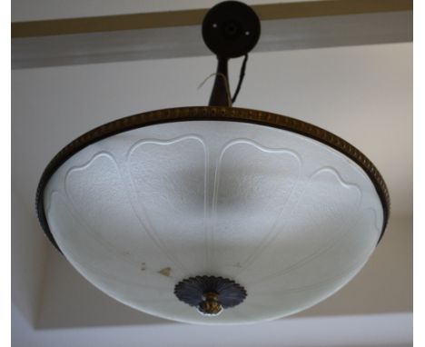 A bronzed metal circular light fitting, with opaque foliate form dished shade, D. 45cm.