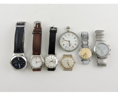 Six assorted gentleman's wristwatches and a pocket watch, 1950s to modern including Roamer, Swatch, Helvetia and Rolco.